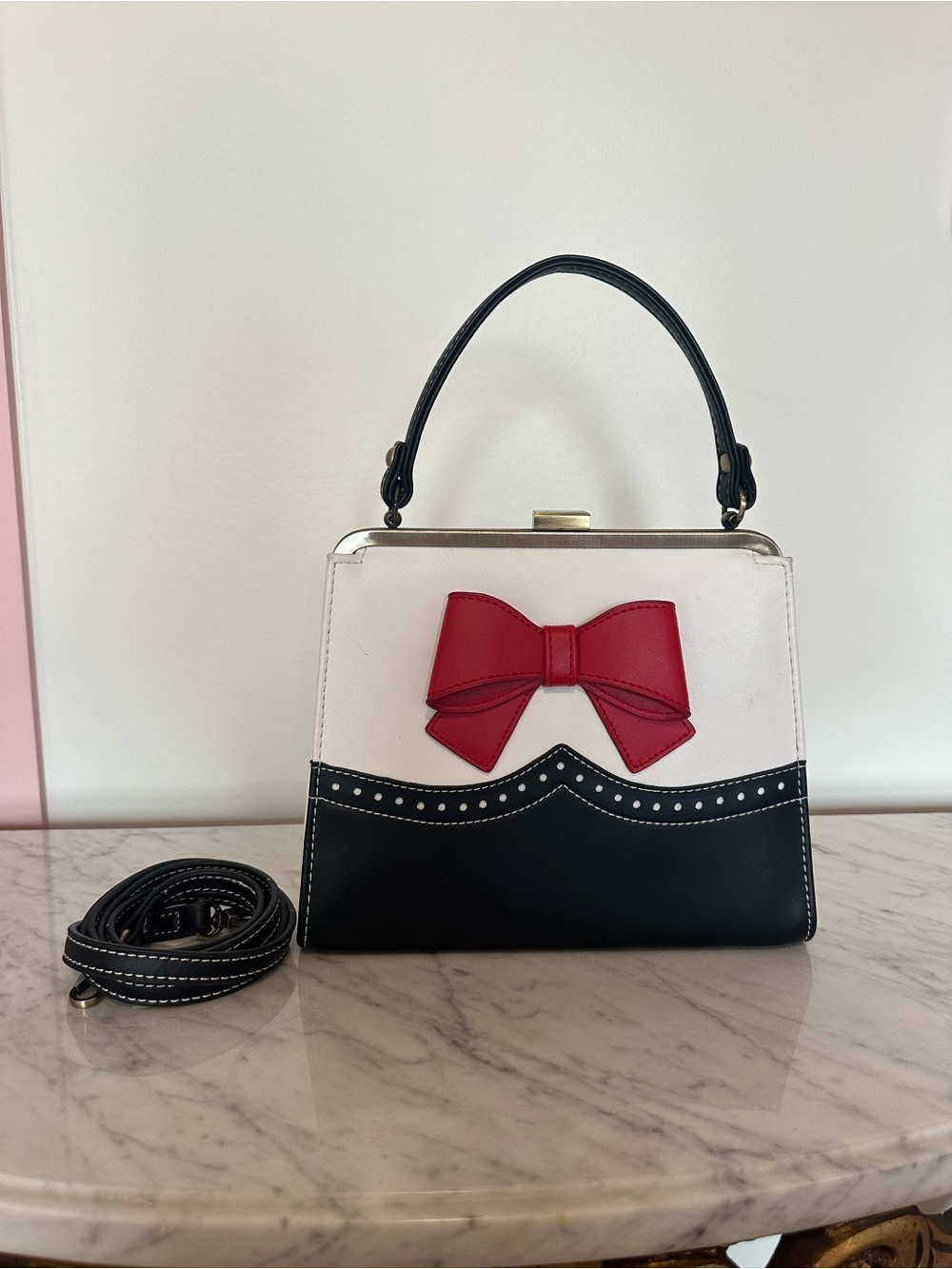 Top-Handle Crossbody Satchel with Red Bow Accent - White & Black
